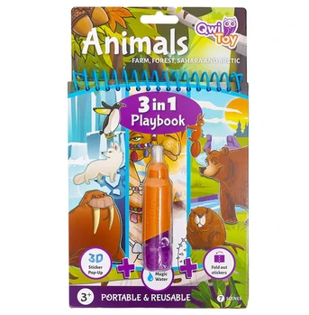 חוברת טוש מים ומדבקות 3 ב-1 - עולם החיות - Qwi toy